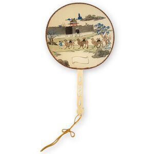 Vintage Hand Painted Silk Fan Asian Camel Caravan Bone Handle Rigid Paddle Art